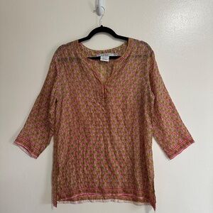 Gretchen Scott Semi Sheer Floral Print Silk Tunic, Pink and Green, Size Medium